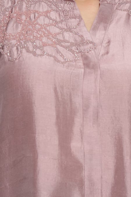 Shop Sakshi Khetterpal Pink Silk, Linen Embroidery Split V-neck Kaftan Shirt And Flared Pant Set Online at Aza Fashions Shop_Sakshi Khetterpal_Pink Silk, Linen Embroidery Split V-neck Kaftan Shirt And Flared Pant Set _Online_at_Aza_Fashions