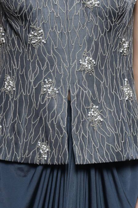 Shop Sakshi Khetterpal Gray Silk, Linen Beads, Embroidery Sweetheart Neck Top And Draped Skirt Set Online at Aza Fashions Shop_Sakshi Khetterpal_Gray Silk, Linen Beads, Embroidery Sweetheart Neck Top And Draped Skirt Set _Online_at_Aza_Fashions