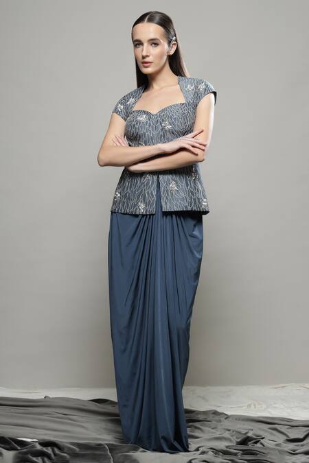 Sakshi Khetterpal Gray Silk, Linen Beads, Embroidery Sweetheart Neck Top And Draped Skirt Set at Aza Fashions Sakshi Khetterpal_Gray Silk, Linen Beads, Embroidery Sweetheart Neck Top And Draped Skirt Set _at_Aza_Fashions