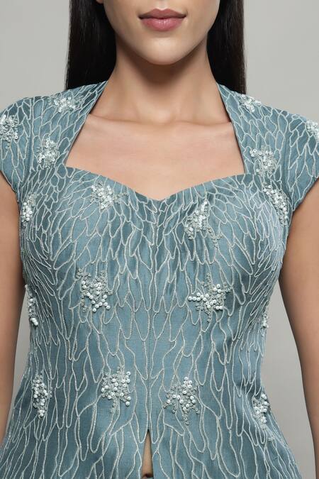 Shop Sakshi Khetterpal Green Silk, Linen Beads Sweetheart Neck Embroidered Top And Skirt Set Online at Aza Fashions Shop_Sakshi Khetterpal_Green Silk, Linen Beads Sweetheart Neck Embroidered Top And Skirt Set _Online_at_Aza_Fashions