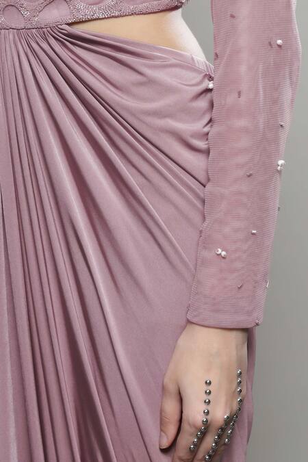 Sakshi Khetterpal Pink Lycra, Net Beads Round Neck Jaal Embroidered Gown Online at Aza Fashions Sakshi Khetterpal_Pink Lycra, Net Beads Round Neck Jaal Embroidered Gown _Online_at_Aza_Fashions