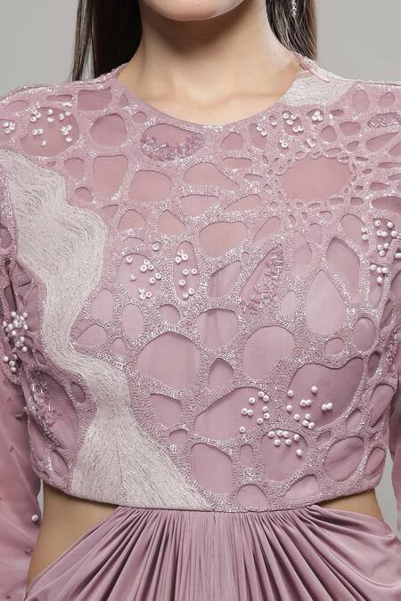 Buy Sakshi Khetterpal Pink Lycra, Net Beads Round Neck Jaal Embroidered Gown Online at Aza Fashions Buy_Sakshi Khetterpal_Pink Lycra, Net Beads Round Neck Jaal Embroidered Gown _Online_at_Aza_Fashions