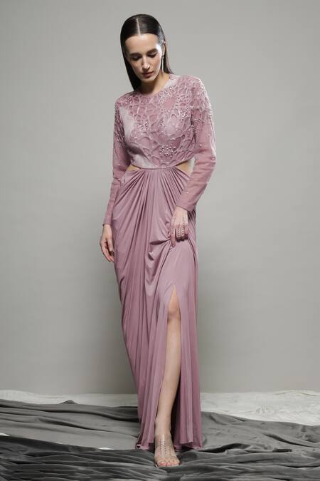 Shop Sakshi Khetterpal Pink Lycra, Net Beads Round Neck Jaal Embroidered Gown Online at Aza Fashions Shop_Sakshi Khetterpal_Pink Lycra, Net Beads Round Neck Jaal Embroidered Gown _Online_at_Aza_Fashions