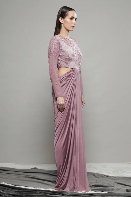 Sakshi Khetterpal Pink Lycra, Net Beads Round Neck Jaal Embroidered Gown at Aza Fashions Sakshi Khetterpal_Pink Lycra, Net Beads Round Neck Jaal Embroidered Gown _at_Aza_Fashions