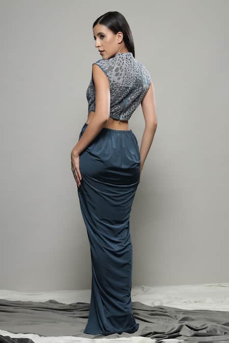 Shop Sakshi Khetterpal Gray Lycra, Net Embroidery Halter Neck Yoke Cutout Waist Gown at Aza Fashions Shop_Sakshi Khetterpal_Gray Lycra, Net Embroidery Halter Neck Yoke Cutout Waist Gown _at_Aza_Fashions