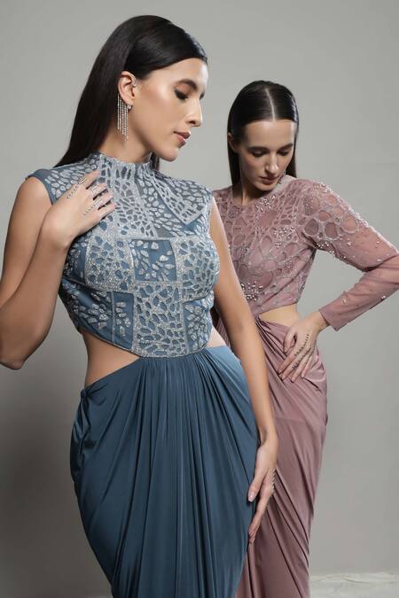 Sakshi Khetterpal Gray Lycra, Net Embroidery Halter Neck Yoke Cutout Waist Gown Online at Aza Fashions Sakshi Khetterpal_Gray Lycra, Net Embroidery Halter Neck Yoke Cutout Waist Gown _Online_at_Aza_Fashions