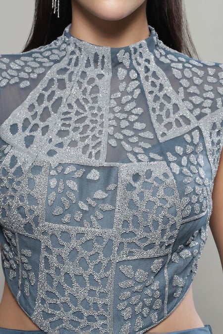 Buy Sakshi Khetterpal Gray Lycra, Net Embroidery Halter Neck Yoke Cutout Waist Gown Online at Aza Fashions Buy_Sakshi Khetterpal_Gray Lycra, Net Embroidery Halter Neck Yoke Cutout Waist Gown _Online_at_Aza_Fashions