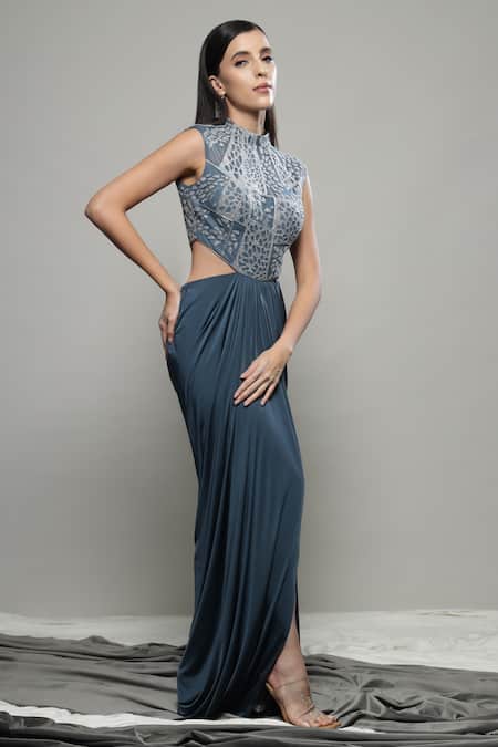 Buy Sakshi Khetterpal Gray Lycra, Net Embroidery Halter Neck Yoke Cutout Waist Gown Buy_Sakshi Khetterpal_Gray Lycra, Net Embroidery Halter Neck Yoke Cutout Waist Gown