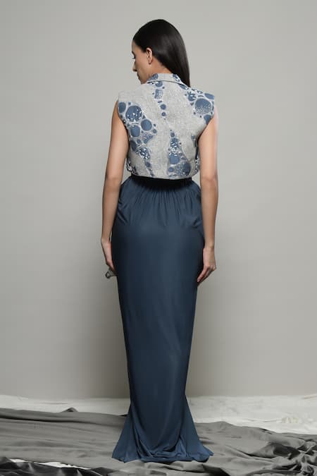 Shop Sakshi Khetterpal Gray Silk, Lycra, Linen Beads, Embroidery Crop Jacket And Draped Skirt Set at Aza Fashions Shop_Sakshi Khetterpal_Gray Silk, Lycra, Linen Beads, Embroidery Crop Jacket And Draped Skirt Set _at_Aza_Fashions