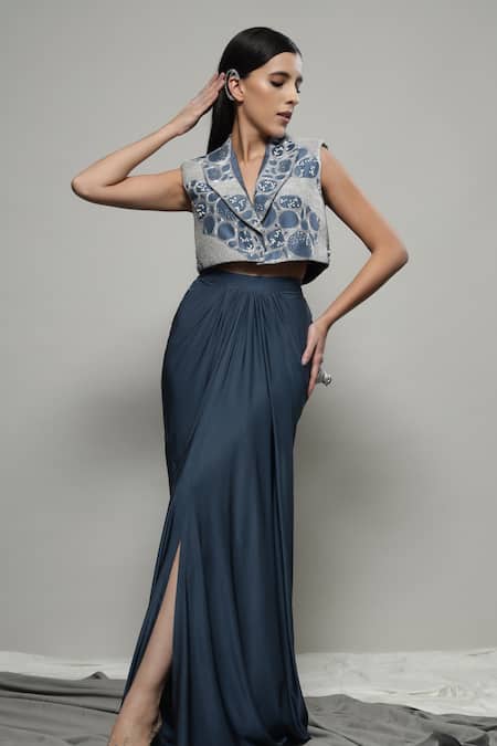 Sakshi Khetterpal Gray Silk, Lycra, Linen Beads, Embroidery Crop Jacket And Draped Skirt Set Online at Aza Fashions Sakshi Khetterpal_Gray Silk, Lycra, Linen Beads, Embroidery Crop Jacket And Draped Skirt Set _Online_at_Aza_Fashions