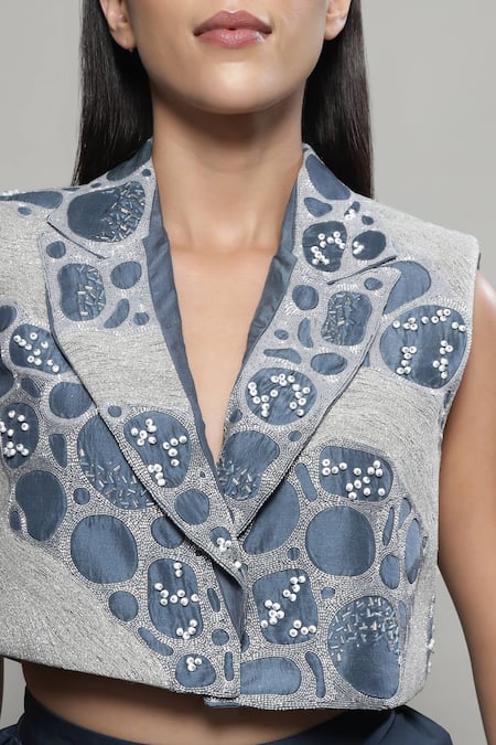 Shop Sakshi Khetterpal Gray Silk, Lycra, Linen Beads, Embroidery Crop Jacket And Draped Skirt Set Online at Aza Fashions Shop_Sakshi Khetterpal_Gray Silk, Lycra, Linen Beads, Embroidery Crop Jacket And Draped Skirt Set _Online_at_Aza_Fashions