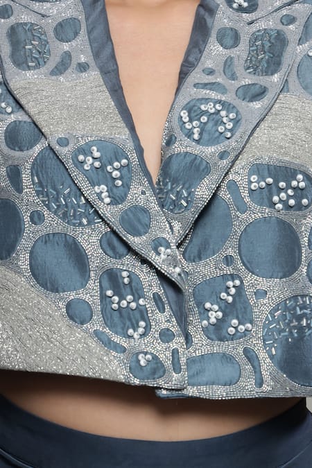 Sakshi Khetterpal Gray Silk, Lycra, Linen Beads, Embroidery Crop Jacket And Draped Skirt Set at Aza Fashions Sakshi Khetterpal_Gray Silk, Lycra, Linen Beads, Embroidery Crop Jacket And Draped Skirt Set _at_Aza_Fashions