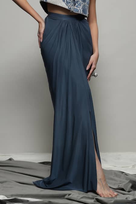 Buy Sakshi Khetterpal Gray Silk, Lycra, Linen Beads, Embroidery Crop Jacket And Draped Skirt Set Buy_Sakshi Khetterpal_Gray Silk, Lycra, Linen Beads, Embroidery Crop Jacket And Draped Skirt Set