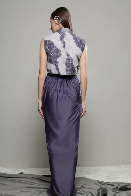Shop Sakshi Khetterpal Purple Silk, Lycra, Linen Beads, Embroidery Collared Crop Jacket And Skirt Set at Aza Fashions Shop_Sakshi Khetterpal_Purple Silk, Lycra, Linen Beads, Embroidery Collared Crop Jacket And Skirt Set _at_Aza_Fashions