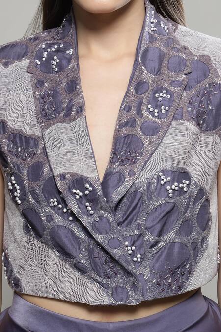 Sakshi Khetterpal Purple Silk, Lycra, Linen Beads, Embroidery Collared Crop Jacket And Skirt Set Online at Aza Fashions Sakshi Khetterpal_Purple Silk, Lycra, Linen Beads, Embroidery Collared Crop Jacket And Skirt Set _Online_at_Aza_Fashions
