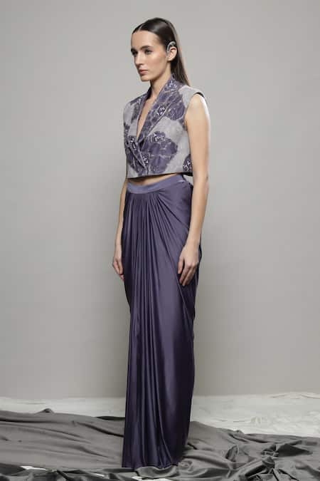 Shop Sakshi Khetterpal Purple Silk, Lycra, Linen Beads, Embroidery Collared Crop Jacket And Skirt Set Online at Aza Fashions Shop_Sakshi Khetterpal_Purple Silk, Lycra, Linen Beads, Embroidery Collared Crop Jacket And Skirt Set _Online_at_Aza_Fashions