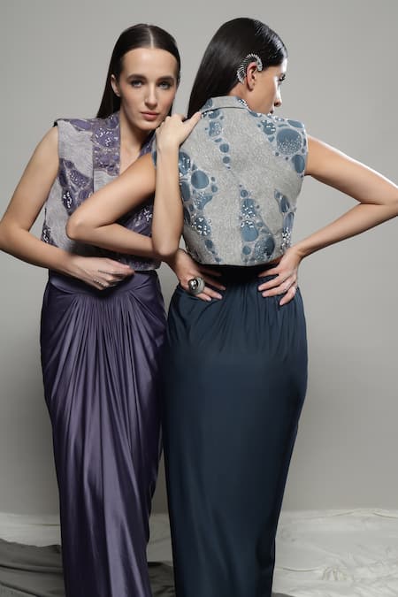 Shop Sakshi Khetterpal Purple Silk, Lycra, Linen Beads, Embroidery Collared Crop Jacket And Skirt Set Shop_Sakshi Khetterpal_Purple Silk, Lycra, Linen Beads, Embroidery Collared Crop Jacket And Skirt Set