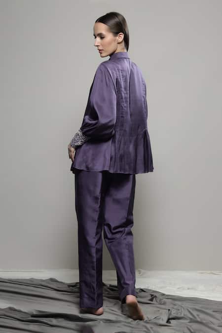 Shop_Sakshi Khetterpal_Purple Silk, Linen Embroidery Collared Floral Shirt And Pant Set _at_Aza_Fashions
