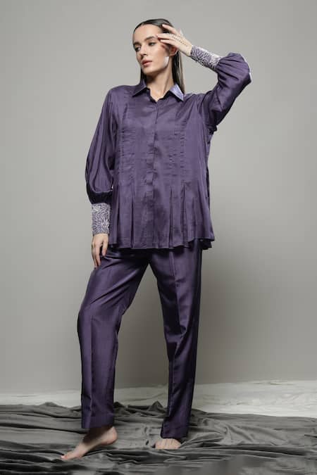 Sakshi Khetterpal_Purple Silk, Linen Embroidery Collared Floral Shirt And Pant Set _Online_at_Aza_Fashions