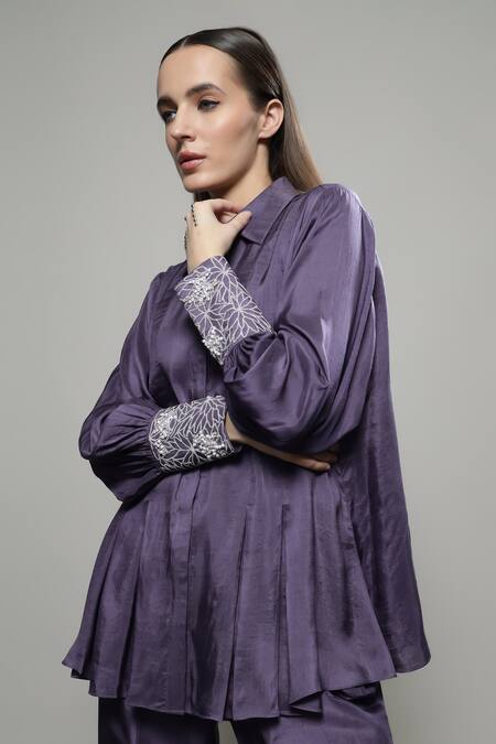 Buy_Sakshi Khetterpal_Purple Silk, Linen Embroidery Collared Floral Shirt And Pant Set 