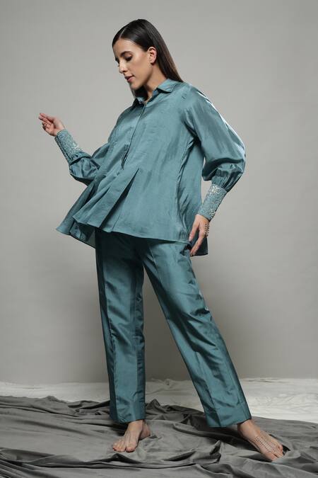 Shop_Sakshi Khetterpal_Green Silk, Linen Embroidery Collared Floral Shirt And Pant Set _Online_at_Aza_Fashions
