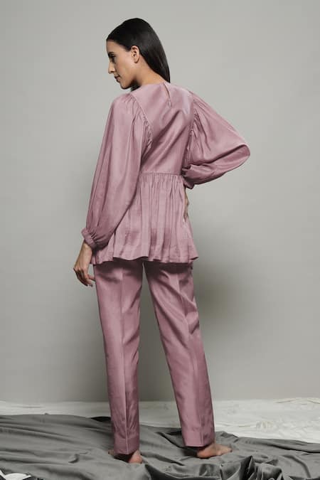 Shop Sakshi Khetterpal Pink Silk Embroidery, Beads Round Neck Floral Yoke Top And Pant Set at Aza Fashions Shop_Sakshi Khetterpal_Pink Silk Embroidery, Beads Round Neck Floral Yoke Top And Pant Set _at_Aza_Fashions