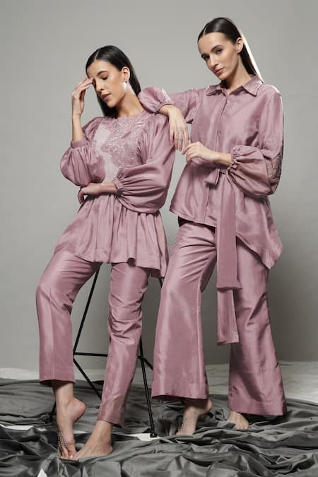 Shop Sakshi Khetterpal Pink Silk Embroidery, Beads Round Neck Floral Yoke Top And Pant Set Online at Aza Fashions Shop_Sakshi Khetterpal_Pink Silk Embroidery, Beads Round Neck Floral Yoke Top And Pant Set _Online_at_Aza_Fashions
