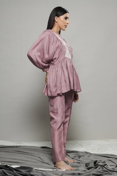 Sakshi Khetterpal Pink Silk Embroidery, Beads Round Neck Floral Yoke Top And Pant Set at Aza Fashions Sakshi Khetterpal_Pink Silk Embroidery, Beads Round Neck Floral Yoke Top And Pant Set _at_Aza_Fashions