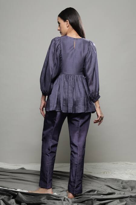 Shop Sakshi Khetterpal Purple Silk, Linen Embroidery Round Neck Floral Top And Pant Set at Aza Fashions Shop_Sakshi Khetterpal_Purple Silk, Linen Embroidery Round Neck Floral Top And Pant Set _at_Aza_Fashions