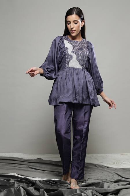 Sakshi Khetterpal Purple Silk, Linen Embroidery Round Neck Floral Top And Pant Set Online at Aza Fashions Sakshi Khetterpal_Purple Silk, Linen Embroidery Round Neck Floral Top And Pant Set _Online_at_Aza_Fashions