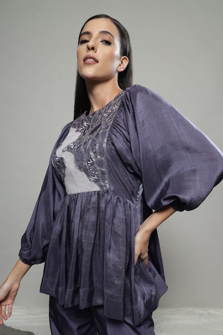 Buy Sakshi Khetterpal Purple Silk, Linen Embroidery Round Neck Floral Top And Pant Set Online at Aza Fashions Buy_Sakshi Khetterpal_Purple Silk, Linen Embroidery Round Neck Floral Top And Pant Set _Online_at_Aza_Fashions