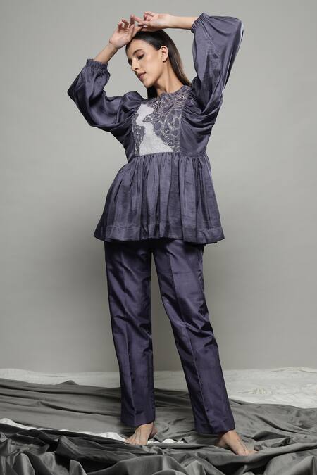 Sakshi Khetterpal Purple Silk, Linen Embroidery Round Neck Floral Top And Pant Set at Aza Fashions Sakshi Khetterpal_Purple Silk, Linen Embroidery Round Neck Floral Top And Pant Set _at_Aza_Fashions