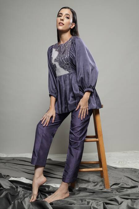 Buy Sakshi Khetterpal Purple Silk, Linen Embroidery Round Neck Floral Top And Pant Set Buy_Sakshi Khetterpal_Purple Silk, Linen Embroidery Round Neck Floral Top And Pant Set