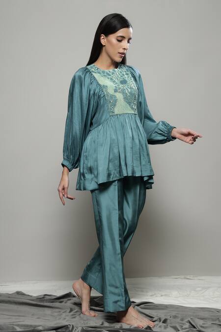 Buy Sakshi Khetterpal Green Silk, Linen Beads Round Neck Floral Embroidered Top And Pant Set Buy_Sakshi Khetterpal_Green Silk, Linen Beads Round Neck Floral Embroidered Top And Pant Set