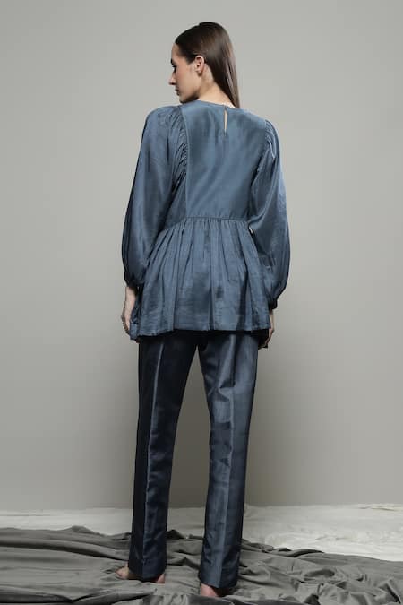 Shop Sakshi Khetterpal Gray Silk Embroidery Round Neck Floral Yoke Top And Pant Set at Aza Fashions Shop_Sakshi Khetterpal_Gray Silk Embroidery Round Neck Floral Yoke Top And Pant Set _at_Aza_Fashions