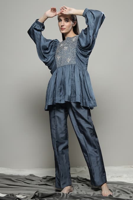 Shop Sakshi Khetterpal Gray Silk Embroidery Round Neck Floral Yoke Top And Pant Set Online at Aza Fashions Shop_Sakshi Khetterpal_Gray Silk Embroidery Round Neck Floral Yoke Top And Pant Set _Online_at_Aza_Fashions