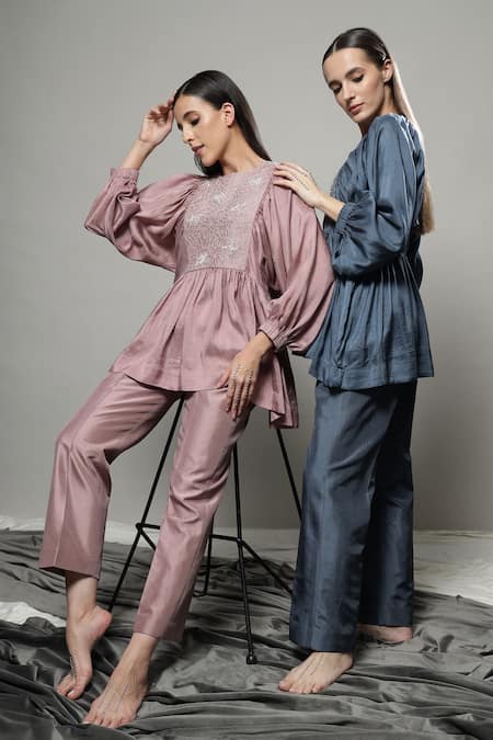 Buy Sakshi Khetterpal Gray Silk Embroidery Round Neck Floral Yoke Top And Pant Set Buy_Sakshi Khetterpal_Gray Silk Embroidery Round Neck Floral Yoke Top And Pant Set