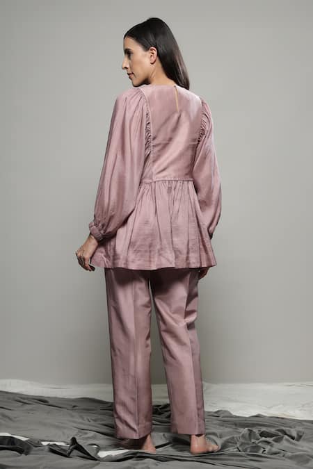 Shop Sakshi Khetterpal Pink Silk, Linen Embroidery, Sequins Round Neck Floral Cluster Yoke Top And Pant at Aza Fashions Shop_Sakshi Khetterpal_Pink Silk, Linen Embroidery, Sequins Round Neck Floral Cluster Yoke Top And Pant _at_Aza_Fashions