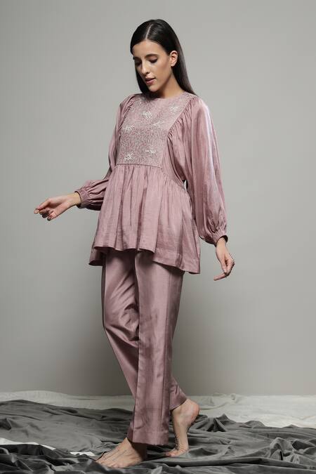 Buy Sakshi Khetterpal Pink Silk, Linen Embroidery, Sequins Round Neck Floral Cluster Yoke Top And Pant Online at Aza Fashions Buy_Sakshi Khetterpal_Pink Silk, Linen Embroidery, Sequins Round Neck Floral Cluster Yoke Top And Pant _Online_at_Aza_Fashions