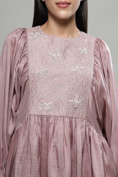 Shop Sakshi Khetterpal Pink Silk, Linen Embroidery, Sequins Round Neck Floral Cluster Yoke Top And Pant Online at Aza Fashions Shop_Sakshi Khetterpal_Pink Silk, Linen Embroidery, Sequins Round Neck Floral Cluster Yoke Top And Pant _Online_at_Aza_Fashions