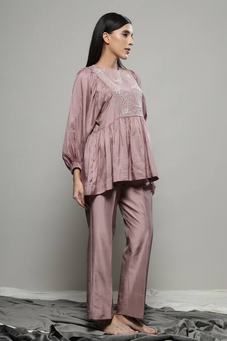 Buy Sakshi Khetterpal Pink Silk, Linen Embroidery, Sequins Round Neck Floral Cluster Yoke Top And Pant Buy_Sakshi Khetterpal_Pink Silk, Linen Embroidery, Sequins Round Neck Floral Cluster Yoke Top And Pant