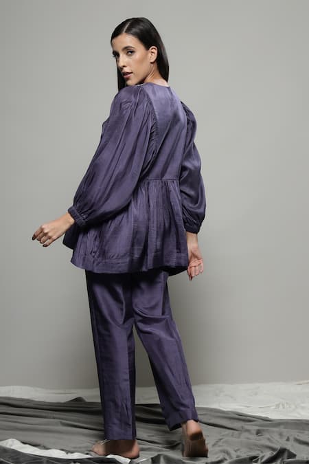 Shop Sakshi Khetterpal Purple Silk, Linen Embroidery Round Neck Top And Pant Set at Aza Fashions Shop_Sakshi Khetterpal_Purple Silk, Linen Embroidery Round Neck Top And Pant Set _at_Aza_Fashions