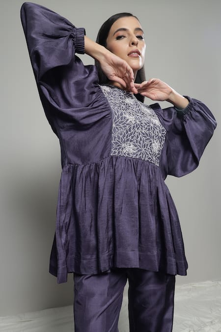Sakshi Khetterpal Purple Silk, Linen Embroidery Round Neck Top And Pant Set Online at Aza Fashions Sakshi Khetterpal_Purple Silk, Linen Embroidery Round Neck Top And Pant Set _Online_at_Aza_Fashions