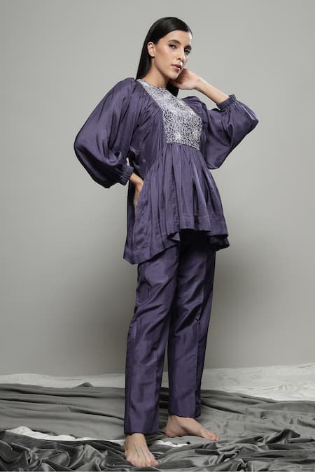 Sakshi Khetterpal Purple Silk, Linen Embroidery Round Neck Top And Pant Set at Aza Fashions Sakshi Khetterpal_Purple Silk, Linen Embroidery Round Neck Top And Pant Set _at_Aza_Fashions