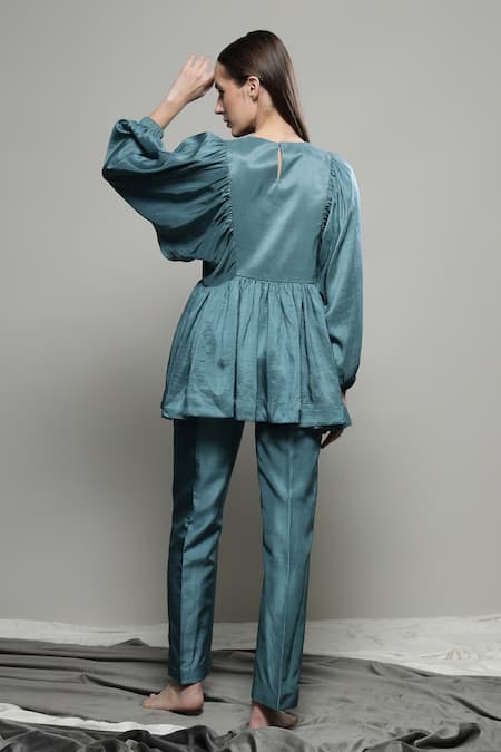 Shop Sakshi Khetterpal Green Silk, Linen Stones Round Neck Floral Embroidered Yoke Top And Pant at Aza Fashions Shop_Sakshi Khetterpal_Green Silk, Linen Stones Round Neck Floral Embroidered Yoke Top And Pant _at_Aza_Fashions