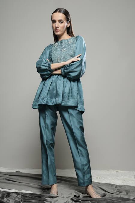 Sakshi Khetterpal Green Silk, Linen Stones Round Neck Floral Embroidered Yoke Top And Pant Online at Aza Fashions Sakshi Khetterpal_Green Silk, Linen Stones Round Neck Floral Embroidered Yoke Top And Pant _Online_at_Aza_Fashions