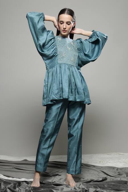 Shop Sakshi Khetterpal Green Silk, Linen Stones Round Neck Floral Embroidered Yoke Top And Pant Online at Aza Fashions Shop_Sakshi Khetterpal_Green Silk, Linen Stones Round Neck Floral Embroidered Yoke Top And Pant _Online_at_Aza_Fashions