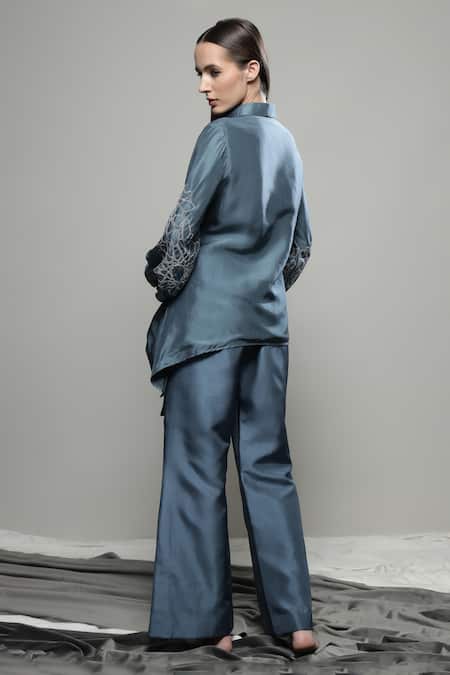Shop Sakshi Khetterpal Gray Silk, Linen Embroidery Collared Floral Tie-up Shirt And Pant Set at Aza Fashions Shop_Sakshi Khetterpal_Gray Silk, Linen Embroidery Collared Floral Tie-up Shirt And Pant Set _at_Aza_Fashions