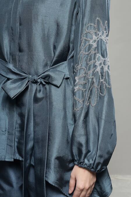 Sakshi Khetterpal Gray Silk, Linen Embroidery Collared Floral Tie-up Shirt And Pant Set Online at Aza Fashions Sakshi Khetterpal_Gray Silk, Linen Embroidery Collared Floral Tie-up Shirt And Pant Set _Online_at_Aza_Fashions