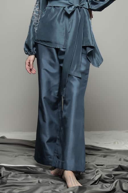 Buy Sakshi Khetterpal Gray Silk, Linen Embroidery Collared Floral Tie-up Shirt And Pant Set Online at Aza Fashions Buy_Sakshi Khetterpal_Gray Silk, Linen Embroidery Collared Floral Tie-up Shirt And Pant Set _Online_at_Aza_Fashions